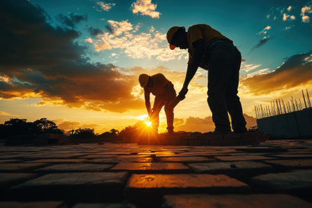 Construction workers lay bricks on a site as the sun sets, creating a vibrant backdrop of clouds.の写真素材