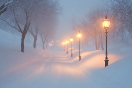 Snow blankets a quiet pathway, while warm light from street lamps creates a serene atmosphere at dusk.の写真素材