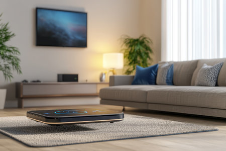 A stylish living room features a hover coffee table and comfortable sofa, illuminated by warm lighting and greenery.の写真素材