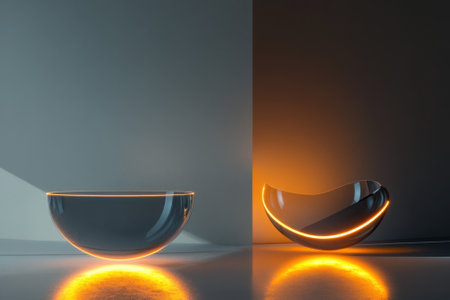 Elegant glass bowls showcase soft curves and warm orange lighting in a minimalist indoor space.の写真素材