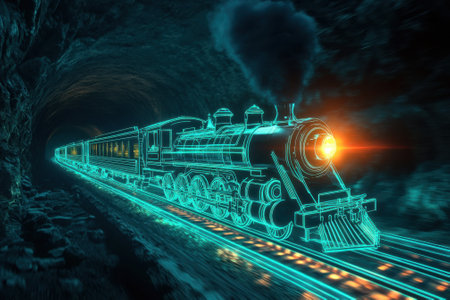 A vibrant train moves along glowing tracks within a dark tunnel, showing a modern twist on classic locomotion.の写真素材