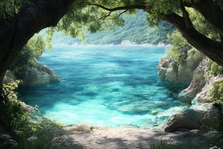 Clear turquoise waters gently lap against rocky shores under a vibrant blue sky, surrounded by lush foliage.の写真素材
