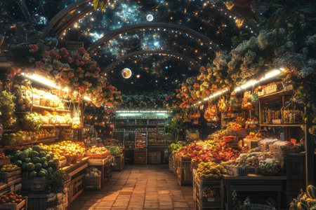 A bustling market brimming with colorful fruits and flowers, illuminated by soft lights and a starry ceiling.の写真素材