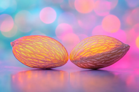 Two vibrant seeds rest side by side, illuminated by colorful bokeh lights creating an enchanting atmosphere.の写真素材
