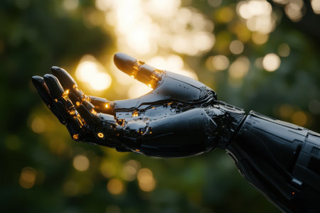A robotic hand extends gracefully towards warm sunlight filtering through greenery, creating a serene atmosphere.の写真素材