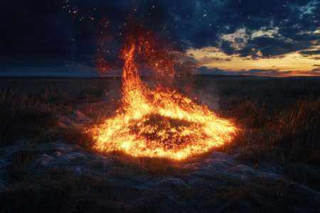 Flames dance in the twilight, creating a stunning visual spectacle in the quiet landscape as night falls.の写真素材
