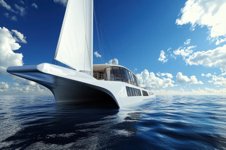 A luxurious yacht glides smoothly across serene waters, surrounded by a vibrant blue sky and soft clouds.の写真素材