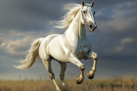 A stunning white horse runs through an open field, showing its grace and power against the cloudy backdrop.の写真素材