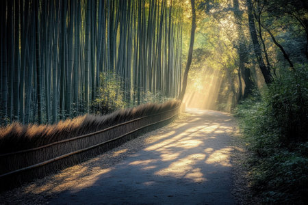 Sunlight filters through tall bamboo as it casts shadows on a winding path in a peaceful forest.の写真素材