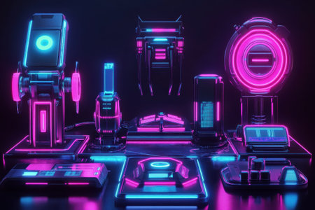 Futuristic gadgets are arranged in a dark setting, illuminated by vibrant neon pink and blue lights.の写真素材