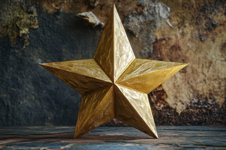 A shiny golden star sits upright against a weathered backdrop, adding a touch of elegance to the setting.の写真素材