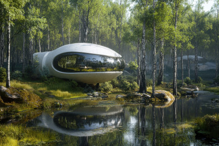 A sleek, modern structure rests next to a serene lake, surrounded by lush greenery and tall trees.の写真素材