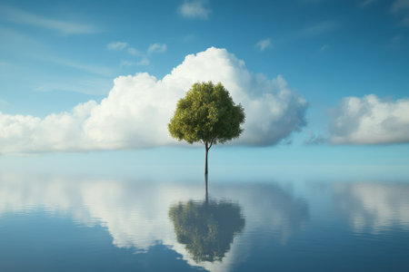 A single green tree stands alone in clear water, reflecting beneath a bright blue sky with fluffy clouds.の写真素材