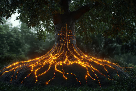 Golden lights weave through the roots of an old tree, creating a magical atmosphere in a quiet forest at dusk.の写真素材