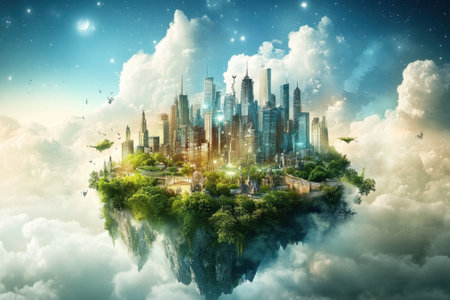A vibrant city rests on a floating island, with modern skyscrapers surrounded by clouds and trees under a bright sky.の写真素材