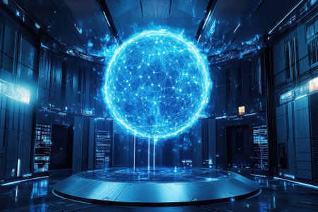 A glowing blue sphere of interconnected lines hovers in a sleek, modern control room filled with technology.の写真素材
