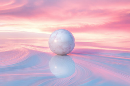 A smooth white sphere sits on a tranquil, reflective surface as pastel colors fill the sky at sunset.の写真素材
