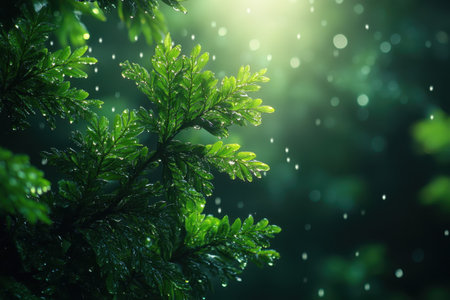 Fresh green foliage glistens with water droplets in a serene, misty forest during the morning light.の写真素材