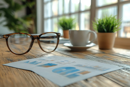 Glasses rest next to a cup of coffee on a wooden table with plants and a business report in daylight.の写真素材
