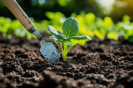 A gardener gently plants a small seedling into dark soil as sunlight highlights the vibrant greens around.の写真素材
