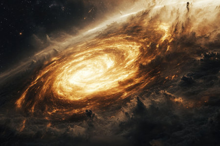 A stunning spiral galaxy glows with warm orange hues amid dark cosmic clouds, showcasing celestial beauty.の写真素材