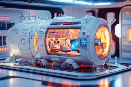 A modern space pod showcases high-tech equipment illuminated by vibrant LED lights in a sleek setting.の写真素材