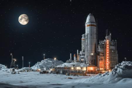 A futuristic rocket sits on a lunar launch pad illuminated by a full moon and starry sky at night.の写真素材