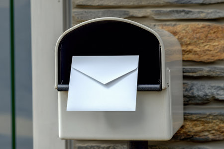 A white envelope is protruding from a mailbox fixed to a stone wall during daytime, ready for collection.の写真素材