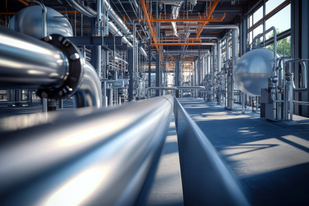 This facility features complex piping and machinery highlighted by bright daylight entering through windows.の写真素材