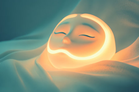 A glowing moon face rests peacefully on soft fabric, creating a tranquil atmosphere in low light.の写真素材