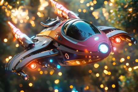 A sleek spacecraft glides through a lush forest at dusk, emitting colorful lights and sparks.の写真素材