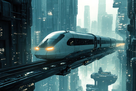 A sleek train glides smoothly on elevated tracks amidst a stunning futuristic city bathed in neon light.の写真素材