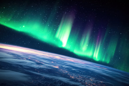 Vivid auroras illuminate the night sky above Earth, showcasing a breathtaking natural light display.の写真素材