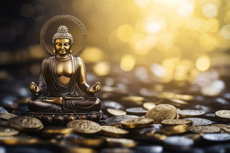 Buddha statue sits calmly amid scattered coins, reflecting a tranquil and prosperous setting.の写真素材