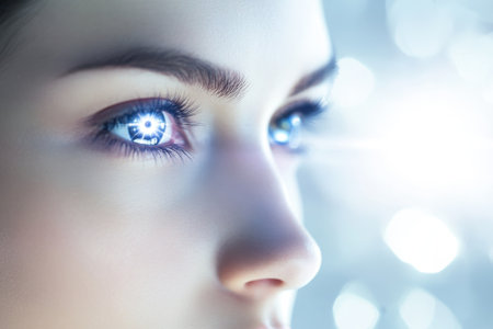 Close-up view of a person's eyes reflecting a beautiful glow, evoking emotions and intrigue in soft lighting.の写真素材