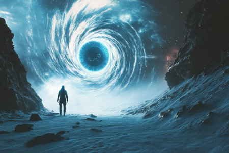 A person stands alone in a snowy terrain, gazing at a glowing portal swirling above in the dusk sky.の写真素材
