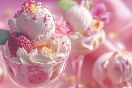 Colorful sundaes feature creamy ice cream, whipped cream, and fresh fruits on a vibrant pink surface.の写真素材