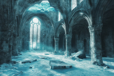 Snow blankets the stone floor of an abandoned cathedral, sunlight streaming through cracked stained glass.の写真素材