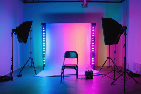 This creative space features a colorful backdrop and lighting, ready for a professional photoshoot.の写真素材