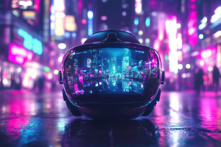 A VR headset stands in focus, showing a colorful city skyline reflected on its visor during nighttime.の写真素材