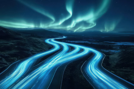 A breathtaking display of northern lights dances over a winding road, creating a magical nighttime atmosphere.の写真素材
