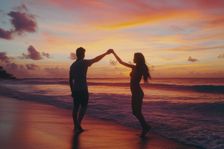 Friends share a joyful moment while walking hand in hand on a tranquil beach at sunset.の写真素材