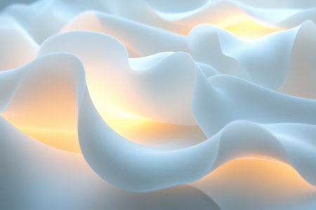Delicate waves of white fabric and gently, illuminated by a soft, warm glow that evokes a feeling of peace.の写真素材