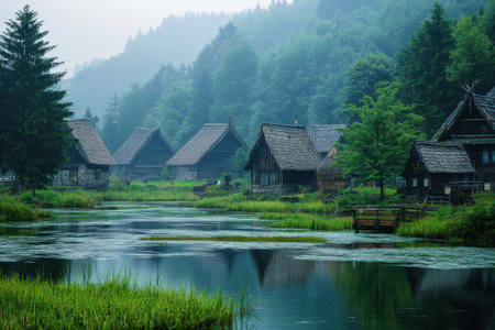 Serene setting with traditional wooden houses next to a quiet river, lush trees lining the banks on a misty day.の写真素材
