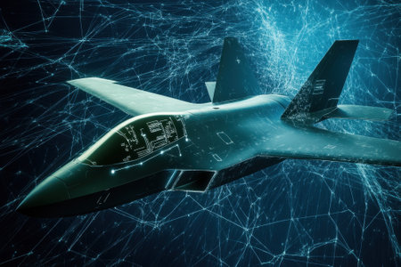 A futuristic jet fighter moves through a complex digital network filled with glowing lines and patterns.の写真素材