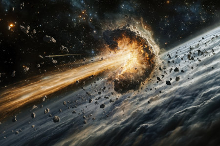 An asteroid collides with a planet's atmosphere, creating an explosive burst amidst cosmic debris.の写真素材