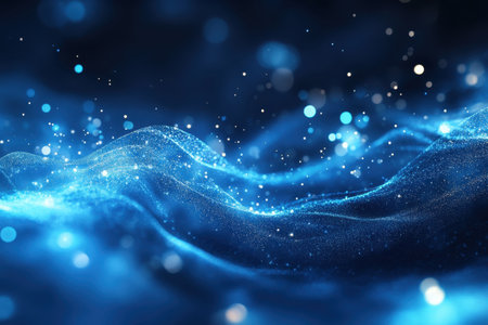 A mesmerizing display of blue waves with glowing lights creates an enchanting underwater atmosphere.の写真素材