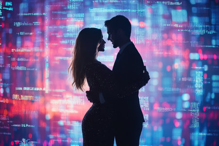 A couple dances closely, their silhouettes framed by colorful digital light patterns during an evening celebration.の写真素材