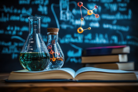 Beakers and flasks filled with colorful liquids sit on an open book next to chemistry notes at night.の写真素材