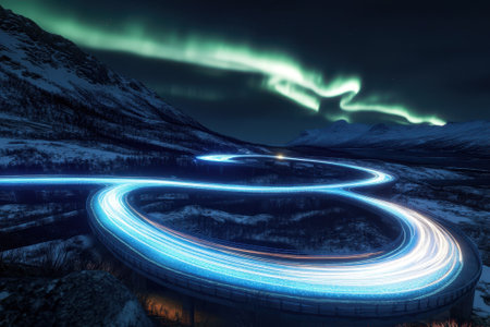 A winding road illuminated by vehicle lights beneath the vibrant aurora borealis in a winter landscape.の写真素材